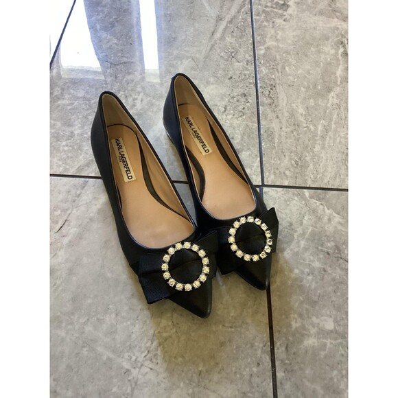 Karl Lagerfeld Paris Shoe Womens Black 6.5M Pointed Toe Bow Rhinestone Flats - Picture 1 of 5